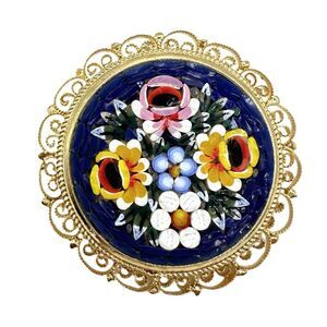 Vintage Micromosaic Brooch Blue Floral Gold Filigree Italy Large 1.75 Inch
